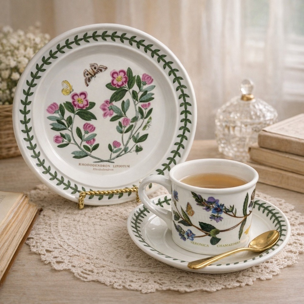Vtg Portmeirion Botanic Garden Drum Flat Tea Cup Saucer Plate Veronica Speedwell